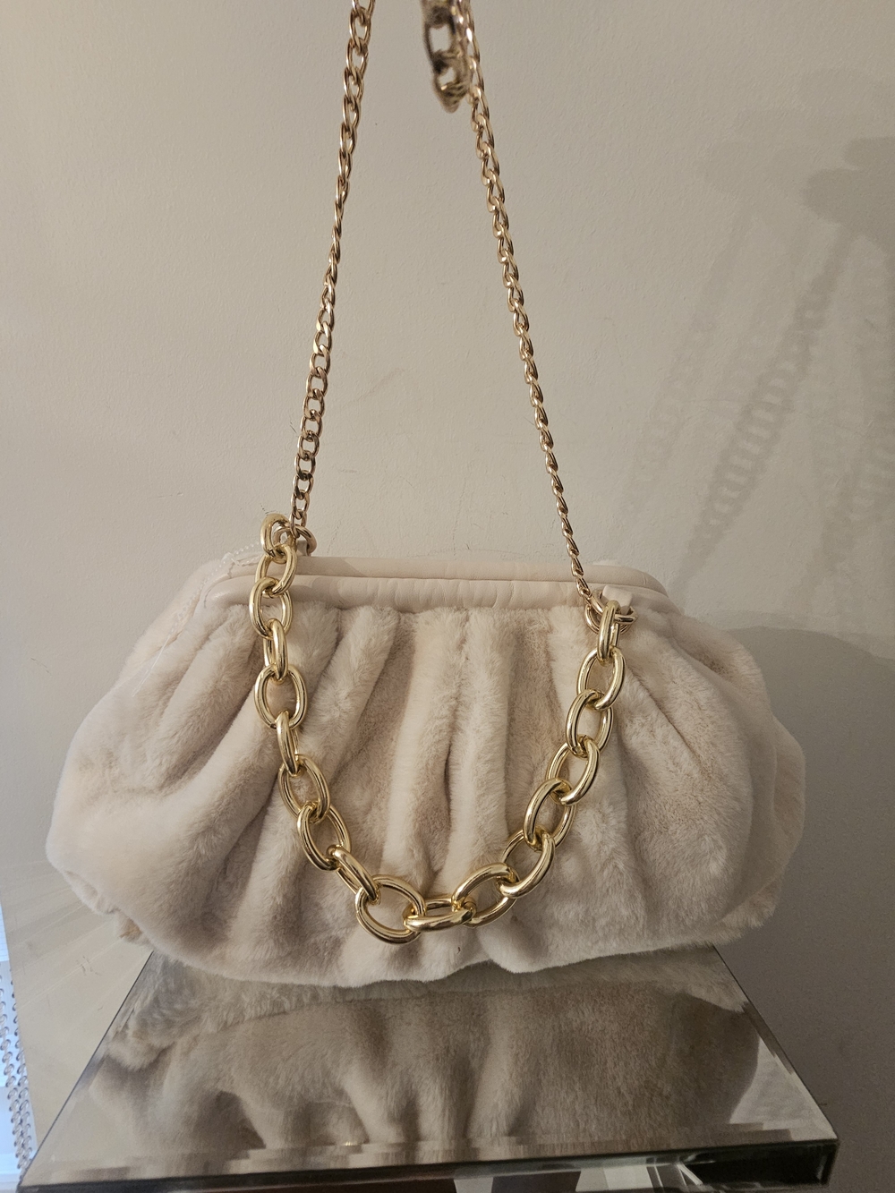 Plush Cream Faux Fur Shoulder Bag with Gold Chain
